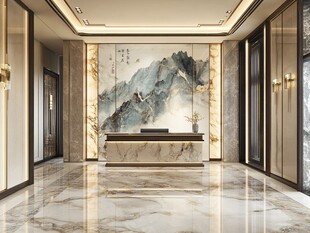 中式奢华大厅山水壁画装饰