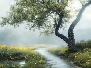 雾中孤树旁的乡间小径