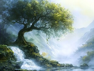 溪边孤树伴瀑布的梦幻景致