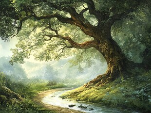 森林中的古老橡树与溪流