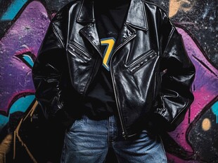 黑色皮衣穿搭者背靠涂鸦墙