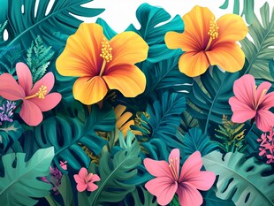 热带花卉与繁茂绿叶景观