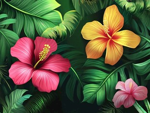 热带花卉与绿叶的绚丽图景