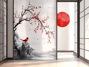 中式水墨风花鸟玄关壁画