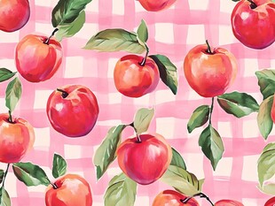 粉色格纹背景的水彩苹果图
