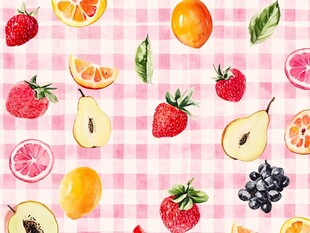 粉色格纹上的缤纷水果