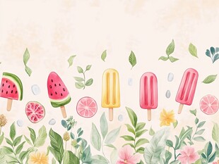 夏日冰棒与水果花卉插画