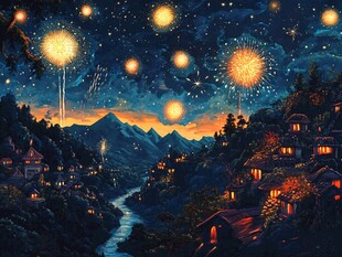 山村夜空中的绚烂烟花