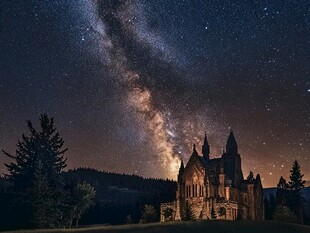 星空下的神秘古老城堡