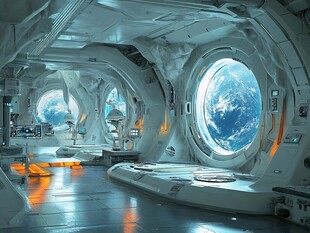 未来感太空舱内的地球景观