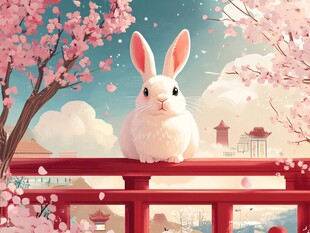 春日白兔倚栏赏樱景