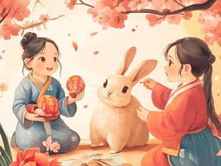 双姝戏兔共赏春景