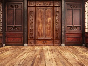 中式古典木质墙面与地板