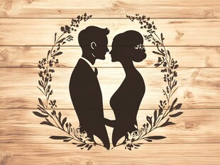 浪漫新婚夫妇剪影花环图