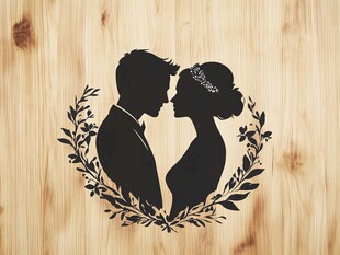 新婚夫妇剪影花环装饰图