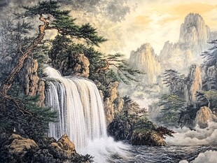 山水瀑布间的苍松美景