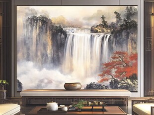 中式客厅巨幅山水瀑布壁画