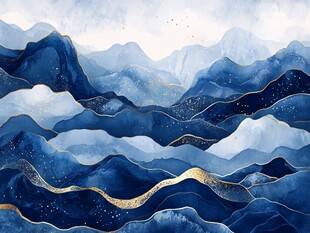 蓝金水墨风连绵起伏山峦图