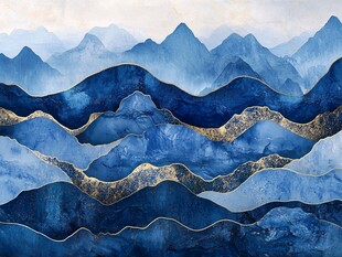 蓝色山峦间的金色线条艺术