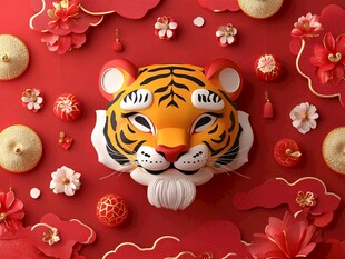 虎年装饰 可爱虎首与繁花