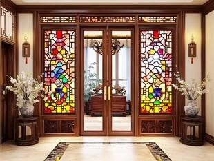 中式古典彩色玻璃入户门