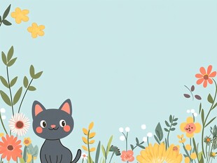 黑猫置身缤纷花草间