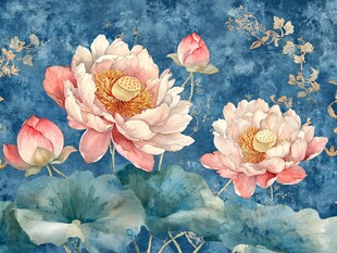 蓝色背景下的优雅荷花图