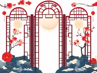 中式古典拱门花卉装饰图