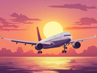 夕阳下飞机海上优雅降落