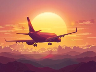 夕阳下飞机翱翔天际