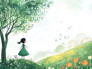 女孩漫步于绿野繁花间