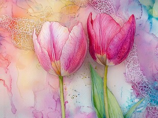 梦幻水彩中的两朵粉色郁金香