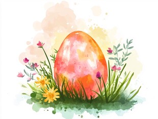 水彩绘复活节彩蛋与花草