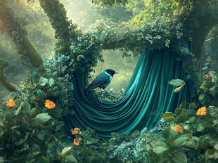 梦幻森林中的鸟与绿幕奇观