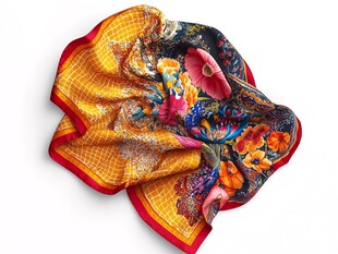 绚丽多彩花卉图案真丝方巾