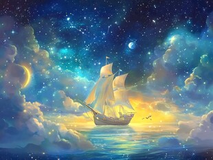 梦幻星空下的海上帆船