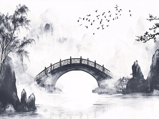 水墨桥景 飞鸟掠山水间