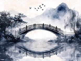 水墨桥景 飞鸟伴山水