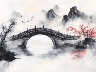 水墨古桥山水诗意画境