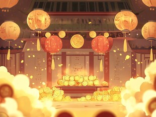 古宅金元宝灯笼喜庆场景