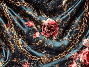 奢华锦缎上的玫瑰与金链