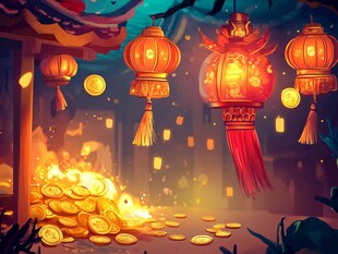 灯笼下的金币堆喜庆场景