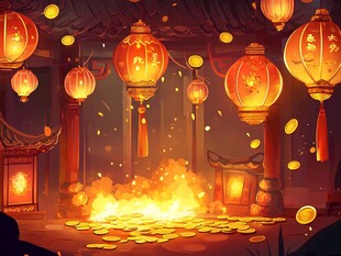 古风灯笼下的金币燃放场景