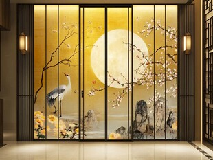 中式屏风 月夜鹤影花鸟图