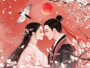 古风情侣浪漫相依赏春景