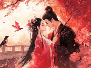 古风情侣浪漫相依赏繁花