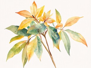 水彩绘秋叶树枝特写