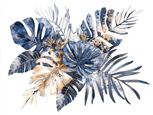 蓝金热带植物水彩插画