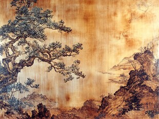 中式山水松景木质壁画