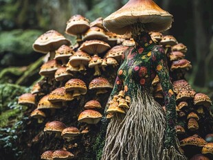 蘑菇丛中的奇幻人形精灵